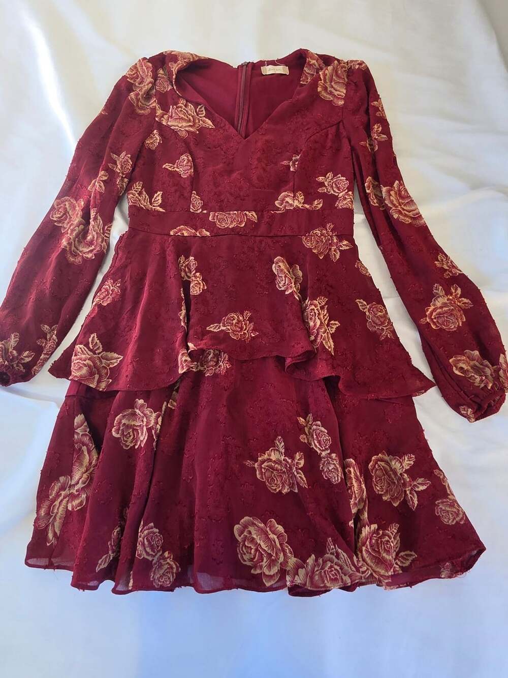 Altar'd State Burgundy Floral Tiered Blouson Sleeve Dress Size M